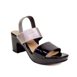Wonders Anthropologie Black Patent Leather Silver Slingback Sandals Women's Sz 7